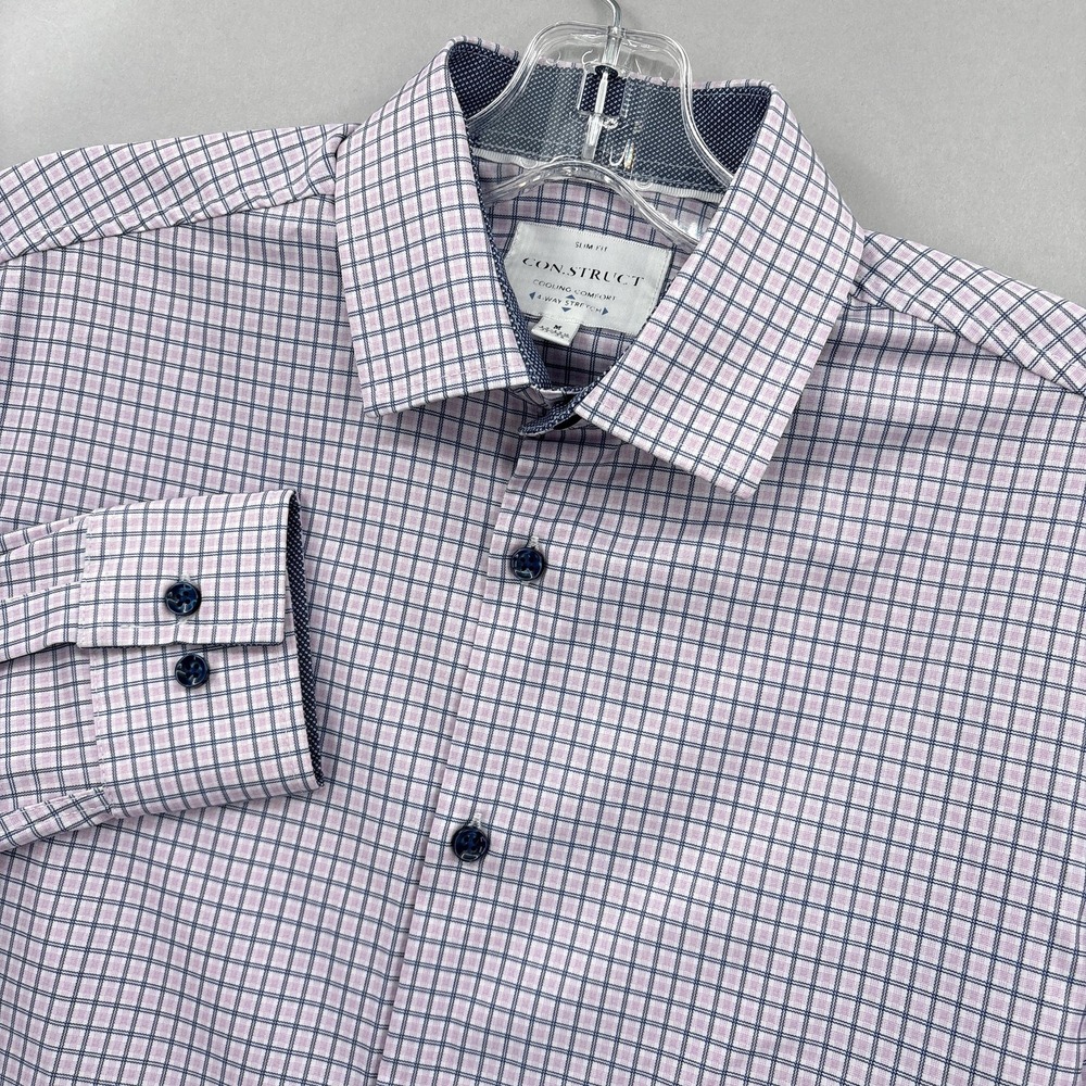 CON.STRUCT Shirt‎ Mens Medium Pink Blue Check Long Sleeve Slim Fit 4 Way Stretch